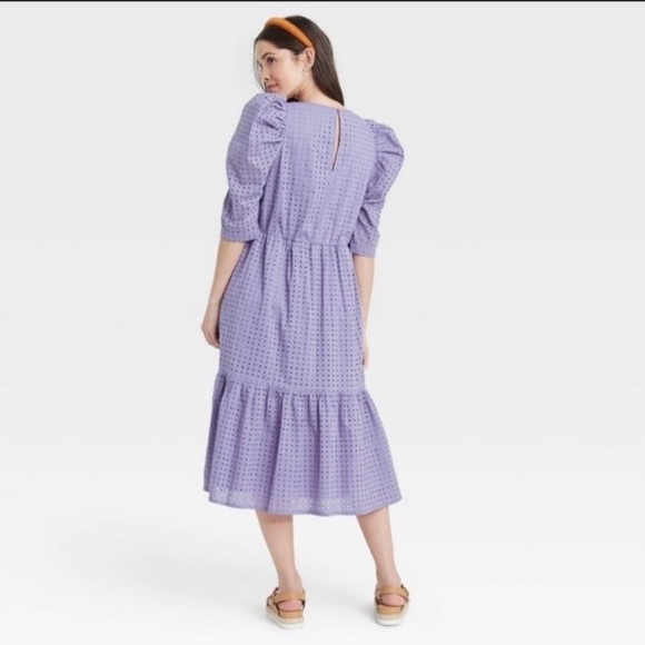A New Day Round Neckline Elbow Length Sleeves Knee Length Purple Eyelet Dress M - Picture 10 of 10